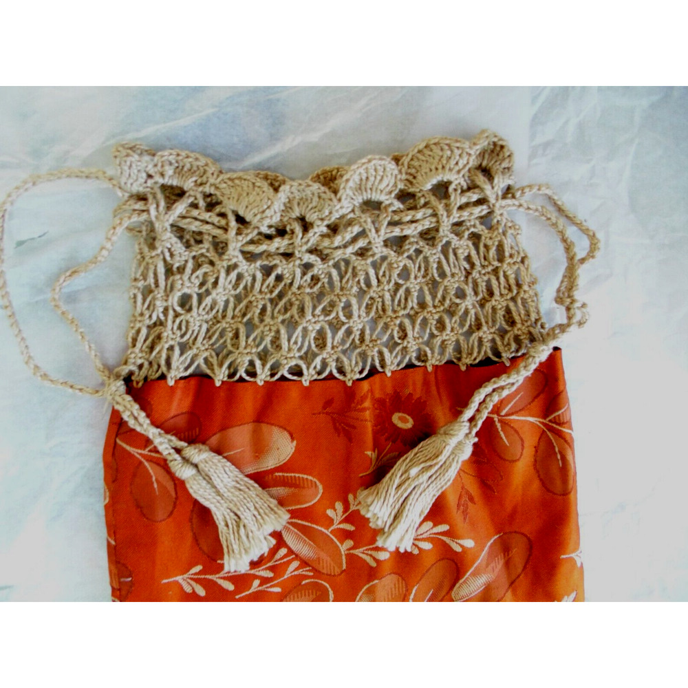 Vtg Art Deco Orange Taffeta Crochet Evening Bag Drawstring Fringed Novelty Purse - Picture 4 of 7